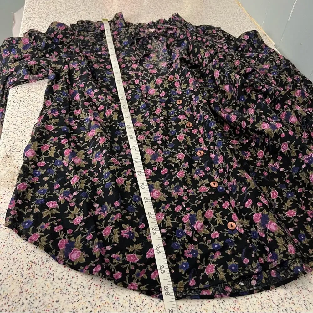 Free People Meant To Be Blouse Floral Puff Sleeve Top Black Purple Women’s S